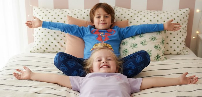 Zwei lächelnde Kinder liegen mit ausgestreckten Armen auf einem Bett, tragen Pyjamas mit Superhelden-Logos in einem dekorierten Schlafzimmer.