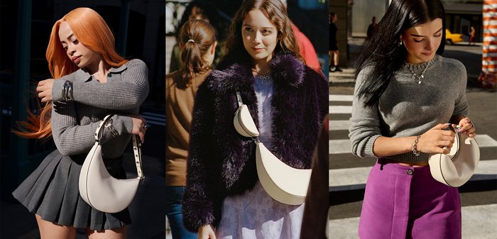 Drei Modelle präsentieren eine weiße, texturierte, halbmondförmige Handtasche mit einem gebogenen Tragegurt, die vor unterschiedlichen Hintergründen ausgestellt wird.