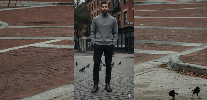 Grijze geribbelde gebreide trui met hoge kraag, zwarte broek en bruine veterlaarzen, staand op een keistenen straat met duiven.