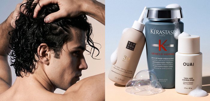 Homme aux cheveux bouclés et mouillés passe ses doigts dans ses cheveux à côté de bouteilles de shampooing, après-shampooing et masque capillaire avec de la mousse et des bulles.