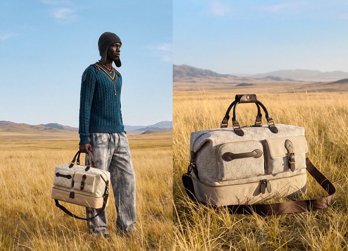 Homme portant un pull bleu et un chapeau tient un sac de voyage beige à motifs dans un champ d'herbe sèche avec des collines en arrière-plan.