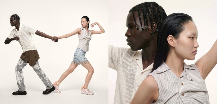 Deux mannequins posent de manière dynamique, se tenant la main ; l'un porte un pantalon à motifs et un haut en maille, l'autre une chemise sans manches et une jupe à franges, sur fond blanc.