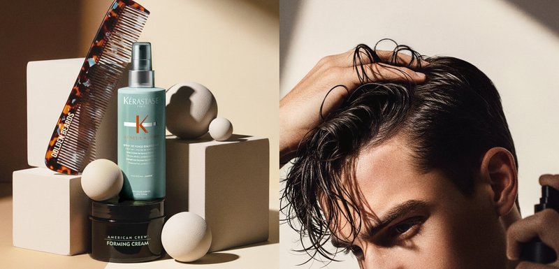 Spray Kérastase Genesis Homme en teal, crème modelante American Crew noire et un peigne en écaille sur des blocs crème avec des sphères lisses.
