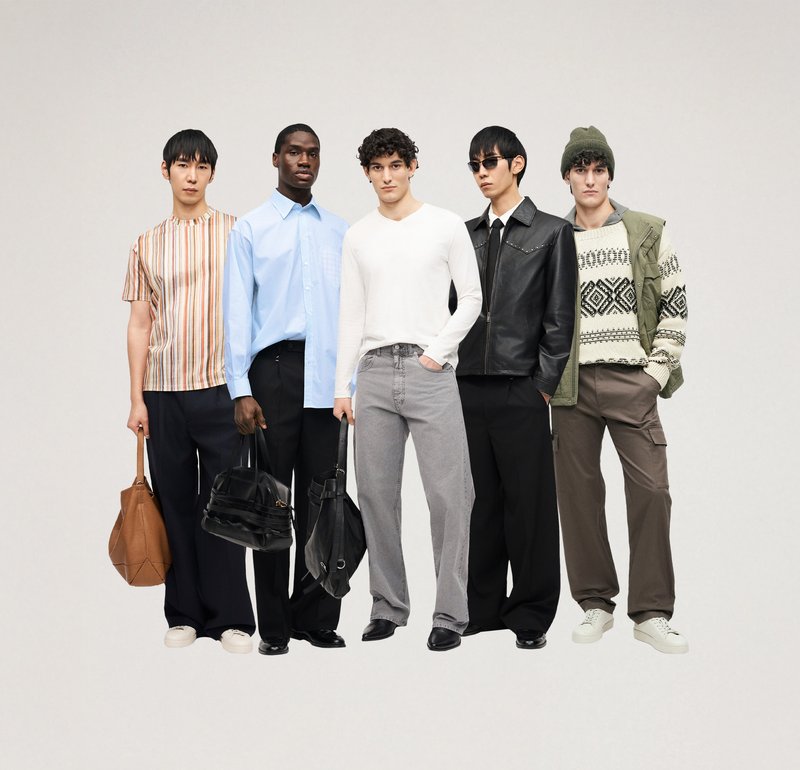 Five men stand in casual and formal outfits, holding bags; styles range from striped shirts to leather jackets and winter knitwear.