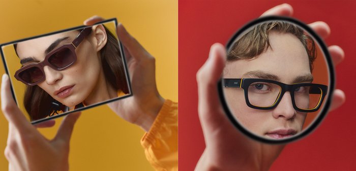 Gafas de sol moradas en forma hexagonal con un delgado acento dorado; gafas rectangulares negras con detalles amarillos. Fondos: amarillo y rojo.