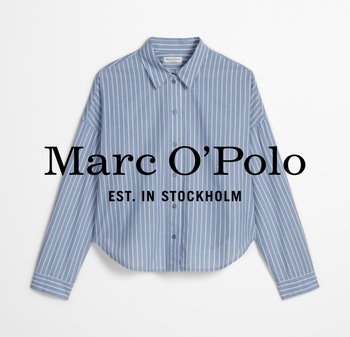 Niebieska koszula na guziki z długim rękawem i białymi pionowymi prążkami, klasycznym kołnierzem oraz metką marki Marc O'Polo wewnątrz kołnierza.