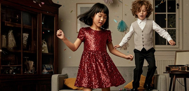 Κόκκινο φλοράλ φόρεμα με κοντά μανίκια και φουσκωτή φούστα που φοριέται από ένα κορίτσι, δίπλα σε ένα αγόρι με γκρι γιλέκο και παπιγιόν, χορεύοντας σε εσωτερικό χώρο.