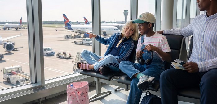 Deux enfants assis et souriants dans un terminal d'aéroport près de grandes fenêtres donnant sur des avions sur la piste.