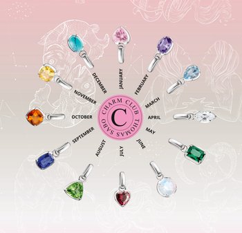 Twelve birthstone charms arranged in a circle labeled by month around a pink "Thomas Sabo Charm Club" logo on a gradient background.