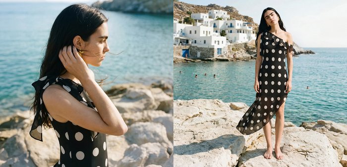 Femme aux longs cheveux foncés portant une robe noire à grands pois blancs, debout pieds nus sur une rive rocheuse près de la mer bleue et des bâtiments blancs.