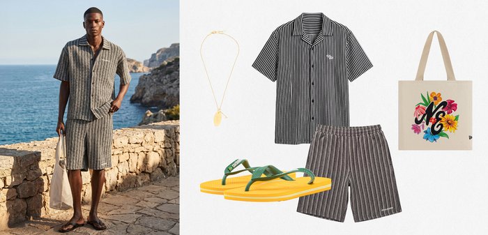 Homme portant une chemise à manches courtes rayée noir et blanc et un short, tenant un sac fourre-tout beige ; tenue assortie à des sandales jaune-vert et un collier en or.
