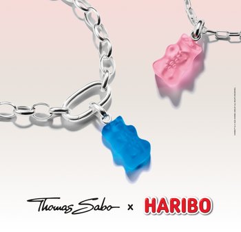 Silver chain bracelets featuring blue and pink gummy bear charms with Thomas Sabo and Haribo logos below.