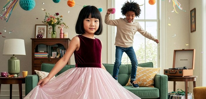 Δύο παιδιά γιορτάζουν σε εσωτερικό χώρο· κορίτσι με ροζ φόρεμα στέκεται μπροστά, αγόρι πηδά σε πράσινο καναπέ με πολύχρωμες διακοσμήσεις γύρω.