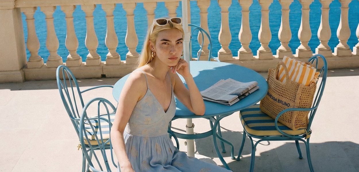 Jeune femme en robe bleu clair assise à une table bleue au bord de la mer, avec un journal et un sac en osier sur une chaise voisine.