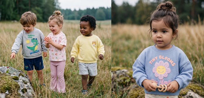 Tres niños pequeños están en un campo de hierba, sonriendo y mirando una mariquita sobre una roca cubierta de musgo.