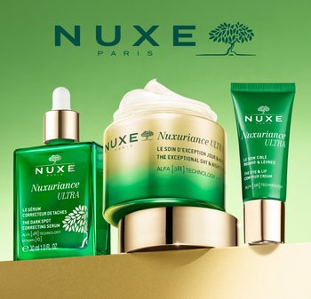 Tre prodotti per la cura della pelle NUXE Nuxuriance Ultra: un siero verde con contagocce, un barattolo di crema con accenti dorati e una crema verde per occhi e labbra.