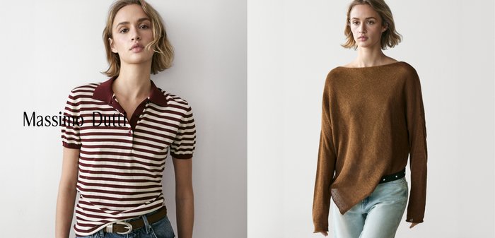 Young woman wearing a burgundy and white striped short-sleeve polo shirt tucked into blue jeans with a brown belt, standing against a white wall.