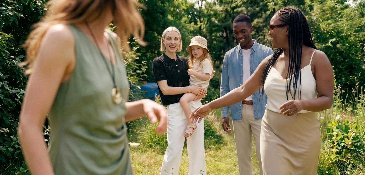 Cuatro adultos y un niño están de pie y sonriendo al aire libre en un jardín verde en un día soleado.