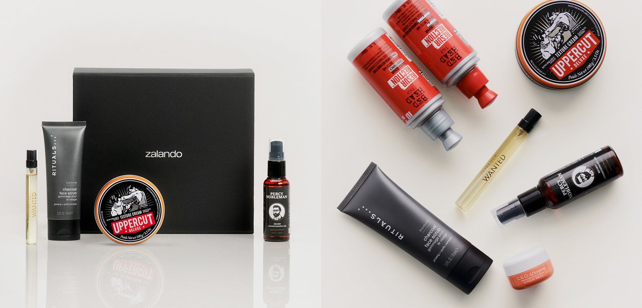 Men’s grooming products including charcoal face scrub, beard oil, texture cream, perfume, and skincare items displayed with a Zalando box.