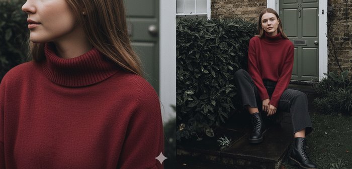 Pulover roșu cu guler înalt tricotat, cu un model texturat, asortat cu pantaloni gri largi și cizme negre cu șireturi, pe fundal de verdeață.