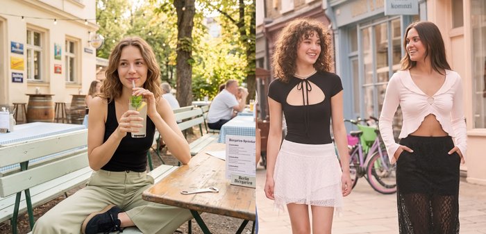 Νέες γυναίκες απολαμβάνουν ένα ποτό σε ένα υπαίθριο καφέ και περπατούν μαζί σε έναν ηλιόλουστο δρόμο της πόλης, χαμογελώντας και χαλαρές.