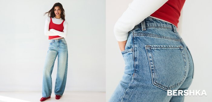 O tânără cu părul lung stă cu brațele încrucișate, purtând un maiou roșu peste un tricou alb cu mânecă lungă, blugi evazați și pantofi roșii.