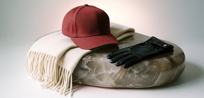 Διπλωμένο κρεμ κασκόλ, κόκκινο καπέλο μπέιζμπολ και μαύρο δερμάτινο γάντι τοποθετημένα σε ομαλή, στρογγυλεμένη επιφάνεια από πέτρα σε ουδέτερο φόντο.
