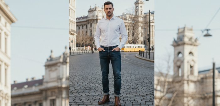 Witte overhemd met rechte kraag, gecombineerd met nauwsluitende donkere jeans. Buitenlocatie met historische architectuur en een gele tram op de achtergrond.
