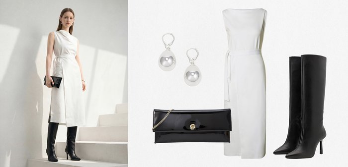 Kvinde iført hvid midi-kjole uden ærmer med sorte knælange støvler og sort clutch; sølv dråbeøreringe vist separat.