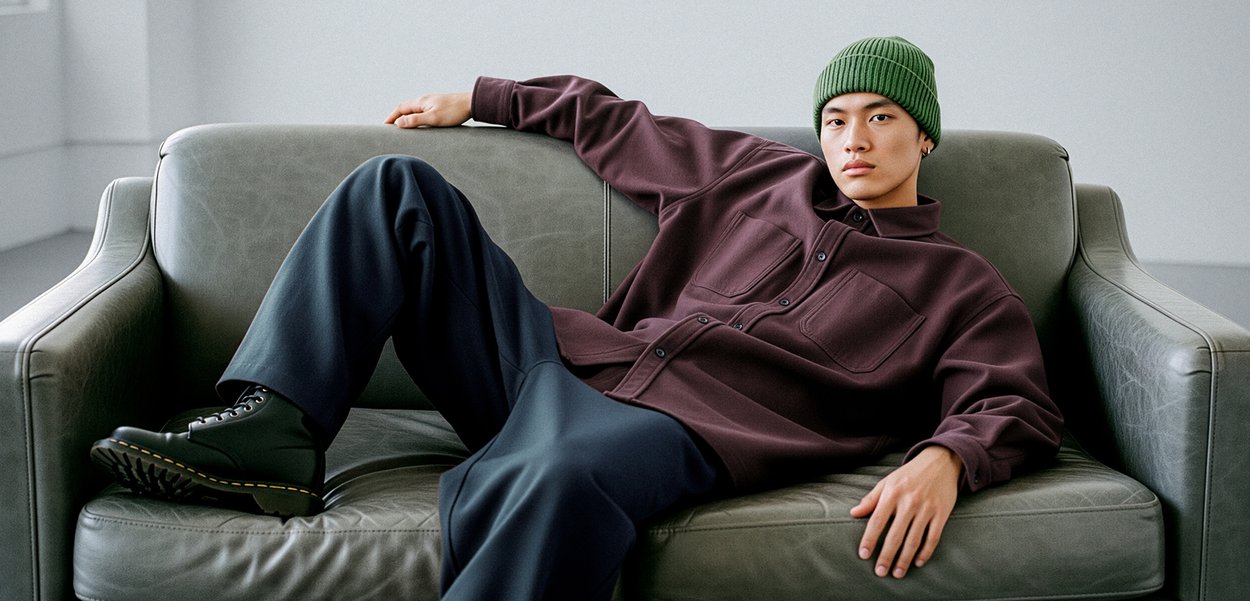 Modell som bär en lila skjorta med knappar och två framfickor, svarta löst sittande byxor och svarta stövlar med gula sömmar, sittande på en grå soffa.