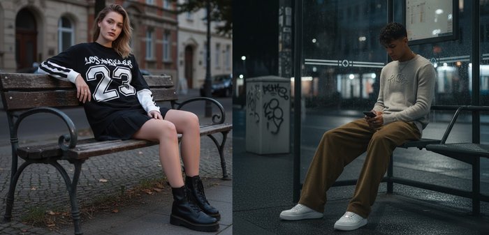 Νεαρή γυναίκα με μαύρο πουκάμισο "Los Angeles 23", μαύρη φούστα και μπότες, καθισμένη σε ξύλινο παγκάκι σε πεζοδρόμιο της πόλης.