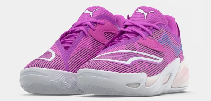 Αθλητικά παπούτσια Puma με πάνω μέρος από πλέγμα σε ροζ και μοβ ρίγες, αντίθετες λευκές λεπτομέρειες και υφασμένη λευκή σόλα. Τα κορδόνια ταιριάζουν με το χρώμα του πάνω μέρους.