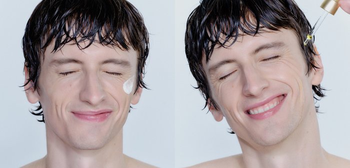 Deux images d'un homme aux cheveux mouillés ; sur la gauche, une crème appliquée sur sa joue, sur la droite, un compte-gouttes d'huile au-dessus de son visage, souriant.