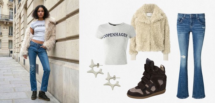 Femme portant un tee-shirt court "Copenhagen", une veste en fausse fourrure, un jean bleu et des baskets compensées noires ; vêtements et accessoires assortis disposés séparément.