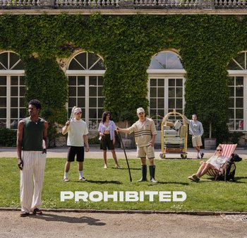 Group of five individuals on grass: diverse clothing styles in light colors. A cart with boxes in background; "PROHIBITED" text prominently displayed.