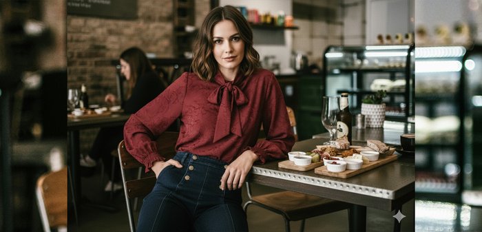 Blouse bordeaux avec un col noué, tissu texturé et manches bouffantes, associée à un jean en denim taille haute avec des accents de boutons.