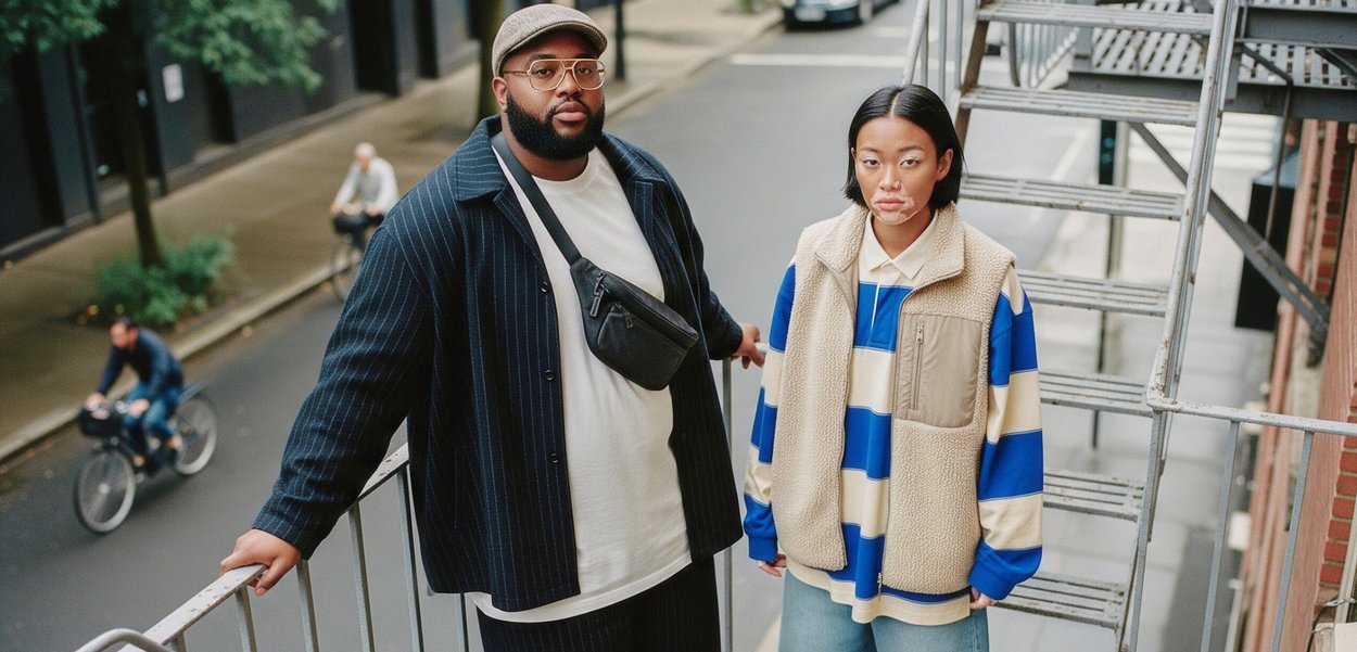 Two people stand on stairs. One wears a striped navy jacket with a white shirt and black fanny pack. The other has a beige fleece vest over a blue striped shirt.