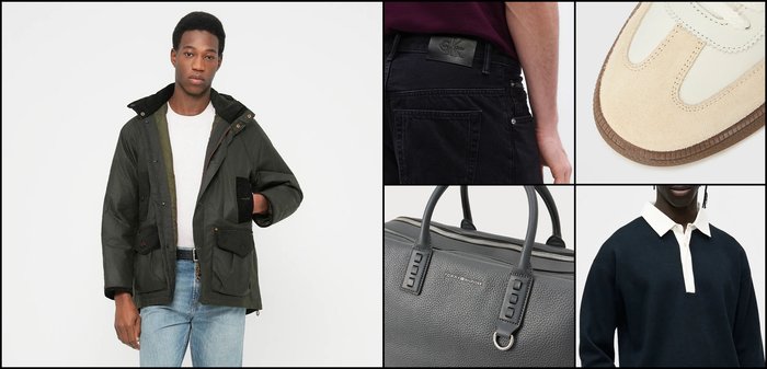 Parka vert foncé avec grandes poches, baskets en daim beige avec semelle texturée, jean noir, sac noir texturé, polo bleu marine avec col blanc.