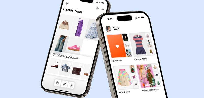 Deux smartphones affichant une interface d'application de shopping avec des vêtements et accessoires colorés, présentant diverses sections de mise en page et des images de produits.