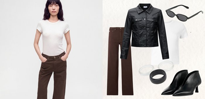 Femme portant une chemise blanche à manches courtes et un pantalon marron, avec un pantalon marron assorti, une veste noire, une chemise blanche, des chaussures noires, des lunettes de soleil et des bagues affichées à côté d'elle.