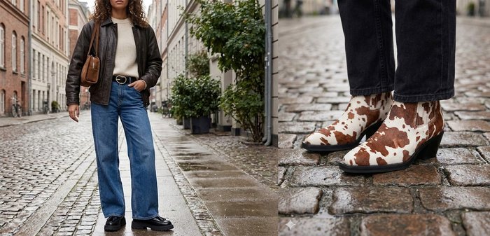 Bruine lederen jas over een crèmewitte trui, brede blauwe jeans, zwarte platformschoenen en een bruine handtas. Informele stedelijke omgeving met kinderkopjes.