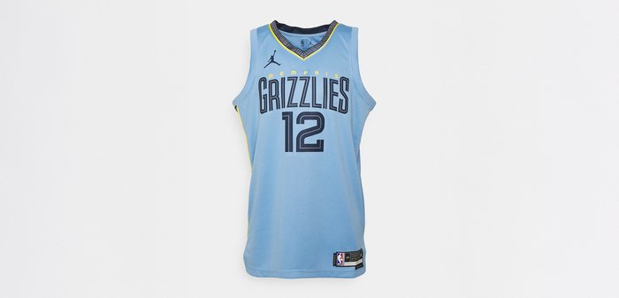 Μπλούζα μπάσκετ των Memphis Grizzlies, ανοιχτό γαλάζιο με μπλε σκούρα επιγραφή "GRIZZLIES" και αριθμό 12, με λογότυπα Jumpman και NBA.