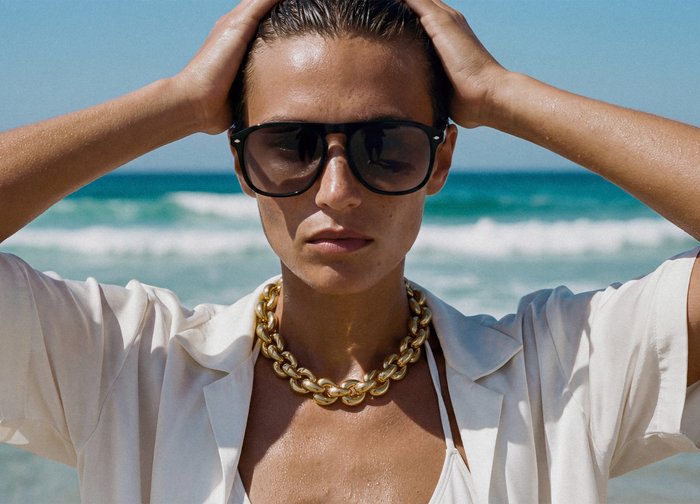 Γυναίκα που φοράει μεγάλα μαύρα γυαλιά ηλίου, χοντρή χρυσή αλυσίδα και λευκό ανοιχτό πουκάμισο, ποζάροντας με τα χέρια στο κεφάλι δίπλα στη θάλασσα.