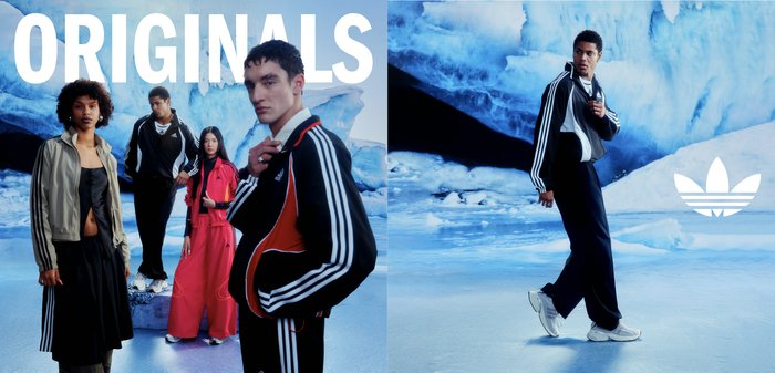 Four diverse models wearing Adidas tracksuits and casual wear pose in front of a blue icy, glacier-like background.