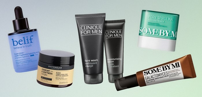 Flacon bleu de sérum, pot de crème noir et beige, deux tubes noirs Clinique for Men, pot vert et tube marron de produits de soin de la peau Some By Mi.