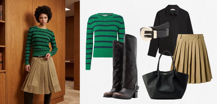 Femme portant un pull rayé vert et bleu marine, une jupe plissée beige, une ceinture noire et de hautes bottes noires, accompagnée d'une chemise noire assortie et d'un sac fourre-tout noir.