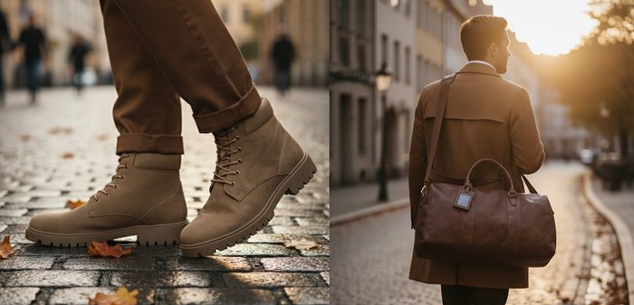 Tan veterschoenen gemaakt van suede, met een stevige rubberen zool met profiel, gedragen met opgerolde bruine broek op een straat van kasseien.