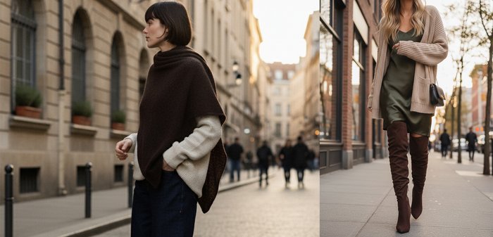Deux femmes marchant dans les rues de la ville, l'une en pantalon large bleu marine et poncho marron, l'autre en robe olive, cardigan beige et bottes marron à mi-cuisse.