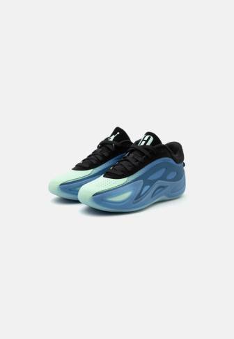 Pair of blue and black athletic shoes with a smooth, futuristic design and black laces, displayed on a white background.