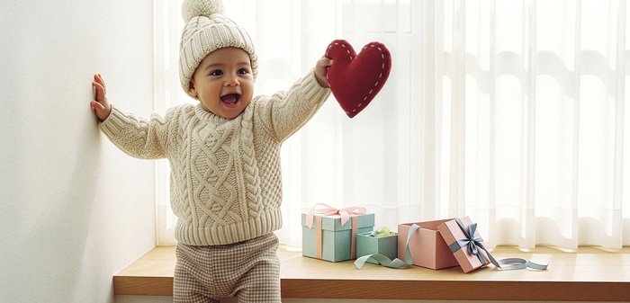 Παιδάκι με κρεμ πλεκτό πουλόβερ και καπέλο κρατά ένα κόκκινο μαλακό καρδιά, στέκεται δίπλα σε παράθυρο με παστέλ κουτιά δώρων και κορδέλες.
